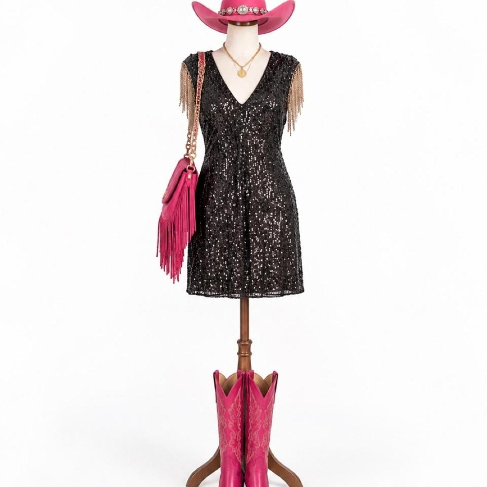 Betsey Johnson Black Sequin Fringe Dress — Size L